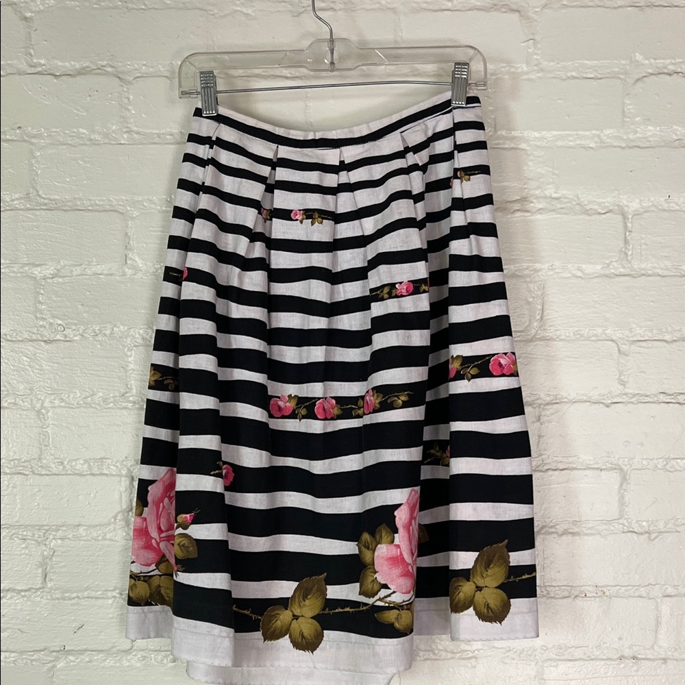 Vintage Floral Pink Roses Black White Stripes High Waist Skirt Size 28 Medium